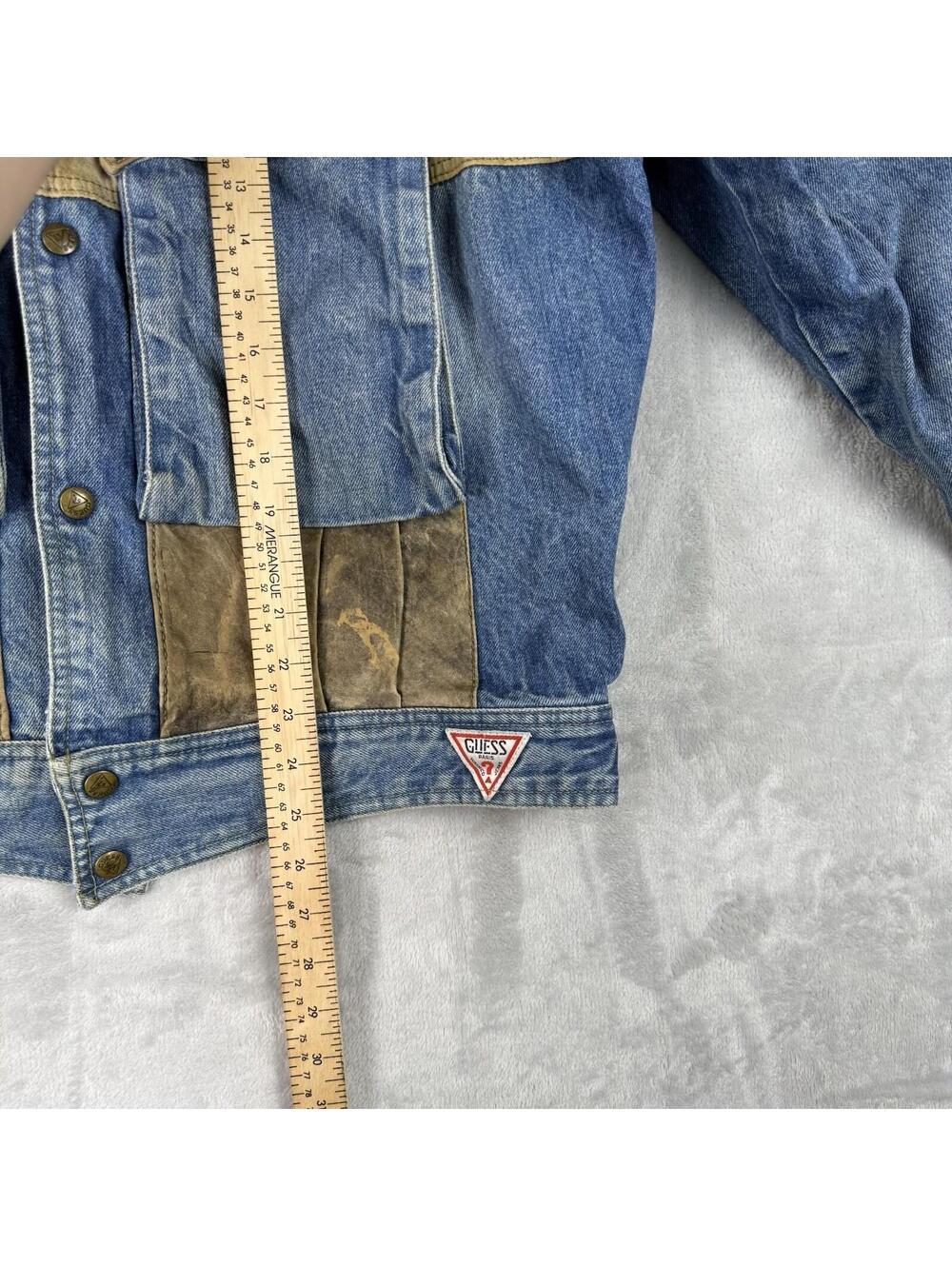 Vintage Guess Georges Marciano Denim Jacket Leather Patchwork Blue USA Mens L - Picture 6 of 11